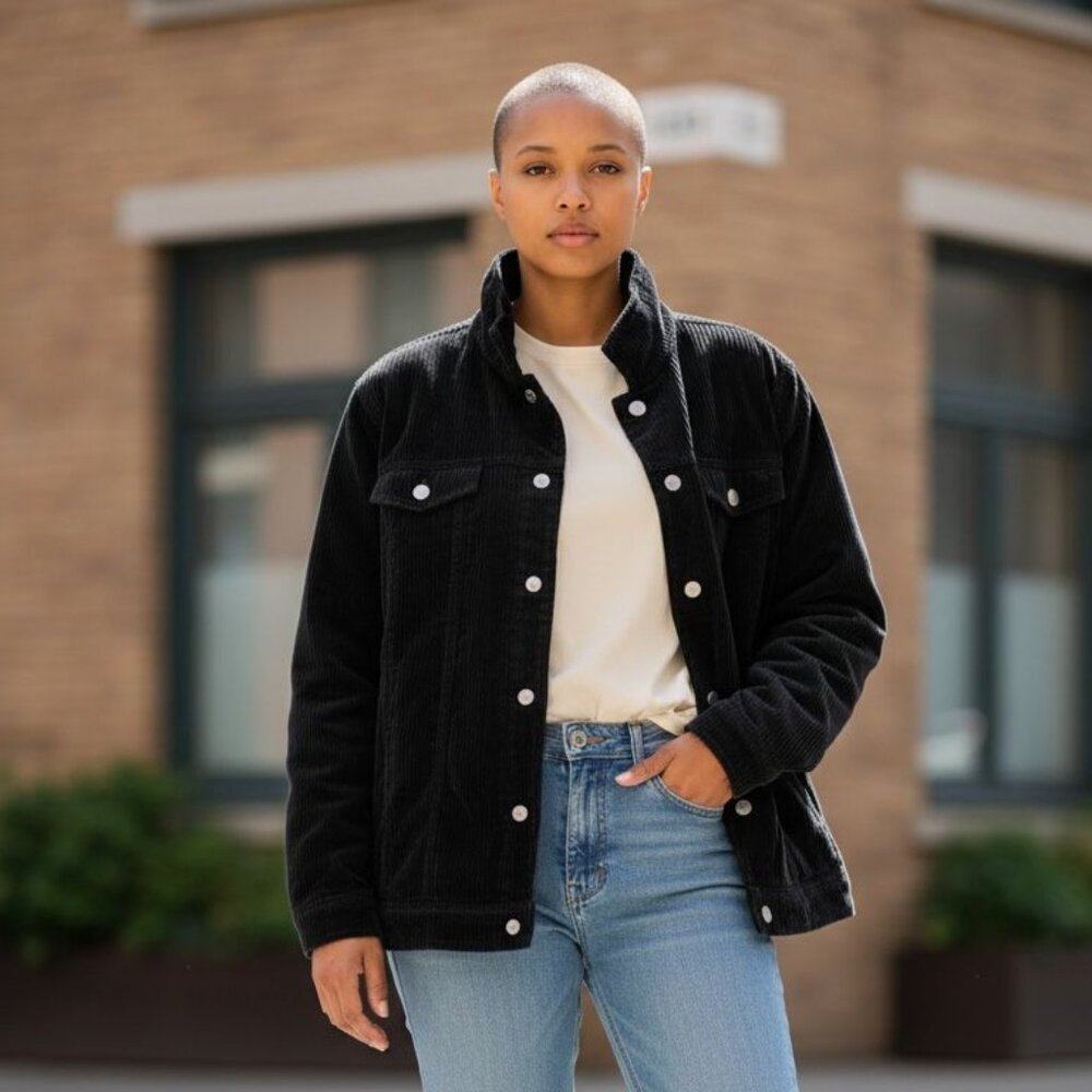 Premium Black Corduroy Trucker Jacket with Funnel Neck 1X (A1)